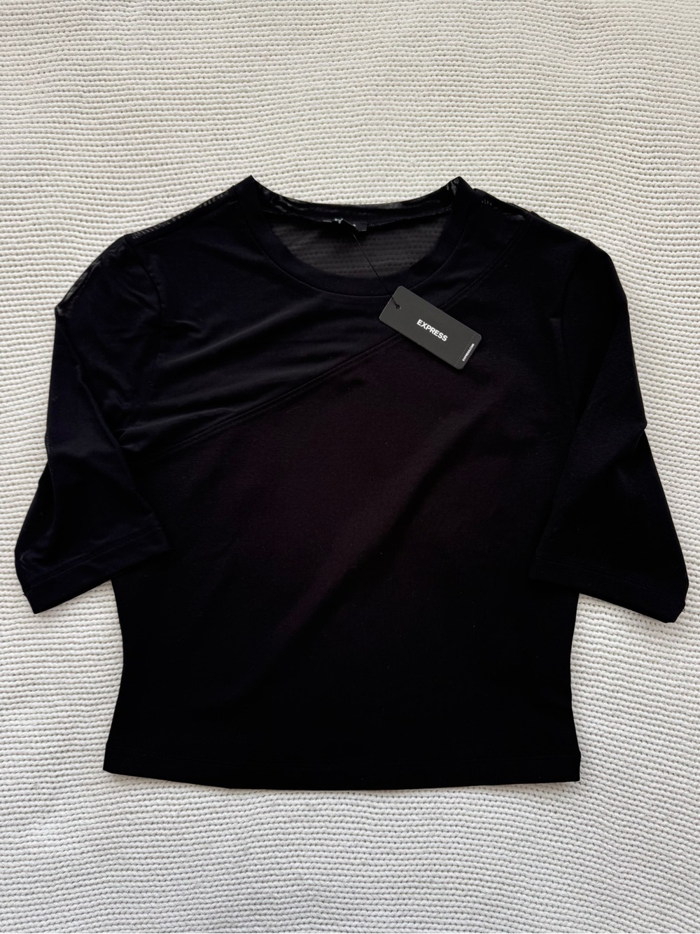 NWT Express Black Cropped Asymmetrical Stitch-Panel Top